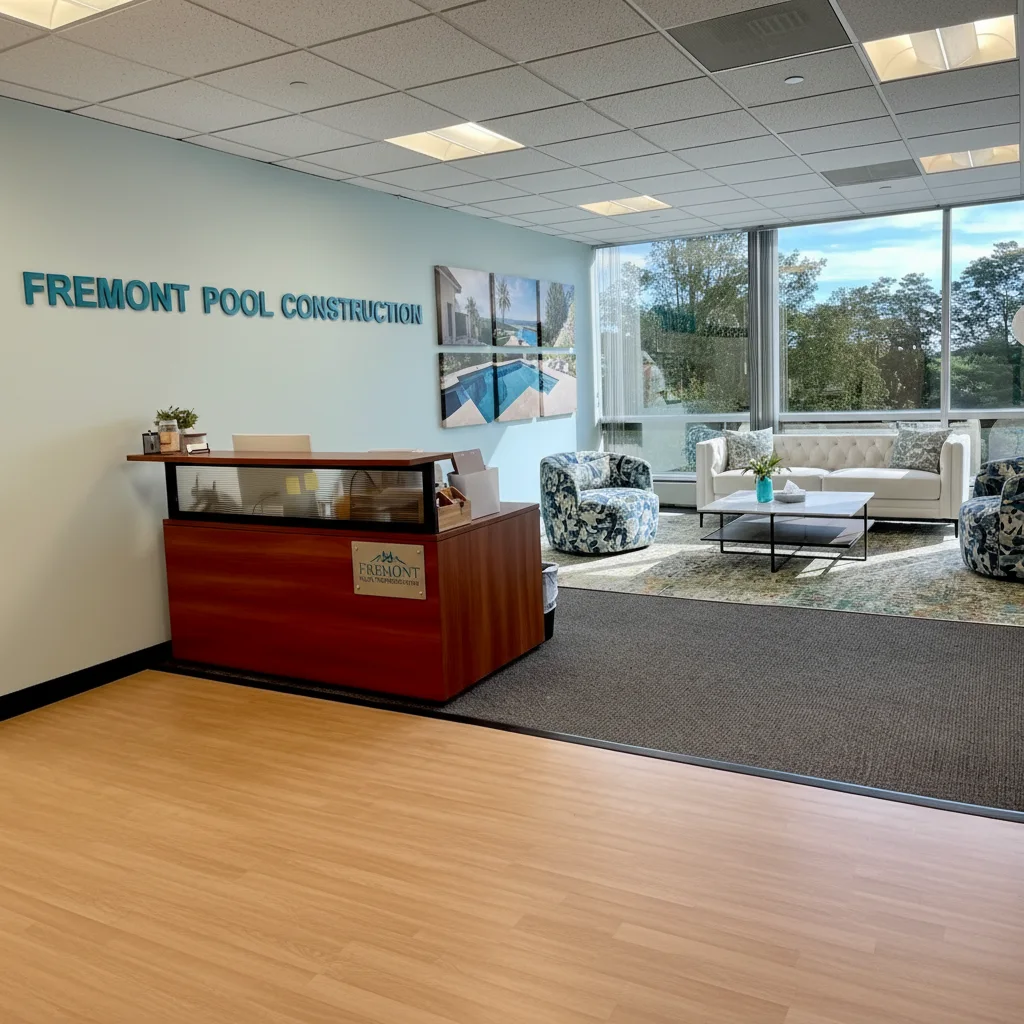 Fremont Pool Construction office interior with company logo on wall